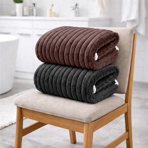 Image of MAXOSHINE Microfiber Towels for Bath-Stripes Bath Towel for Men and Women-Soft Coral Fleece Zero Twist Towel with Hook 400 GSM Quick Dry Super Absorbent-70 x 140 cm (2, Grey /Brown)