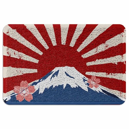 Evamona 玄関マット 泥落とし 屋外 室内 滑り止め 業務用 泥っぷマット 45x75 CM 赤 和風 日の丸 桜柄 富士山 太陽 昭和テイスト 耐摩耗性 速乾 オフィス お店 エントランス