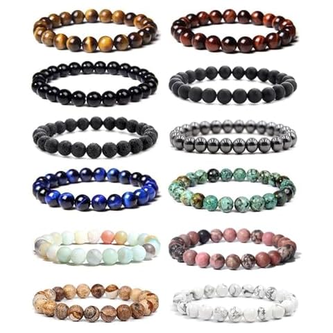 JEWPARK 12Pcs Crystal Bracelet for Women Men 8mm Beaded Bracelet Semi-Precious Gemstones Stretch Bracelet Set Unisex Yoga Bracelets Gifts Cover