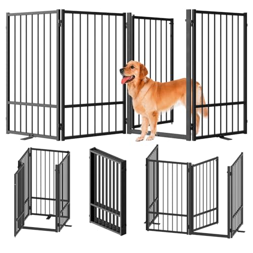 SNUOWU Full Metal Freestanding Dog Gate with Door, 36''Height Foldable Pet Dog Fence for Indoor & Outdoor, 4 Panels Extra Wide Free Standing TallDog Gates for Doorways,House,Stairs,Porch,Deck,Yard