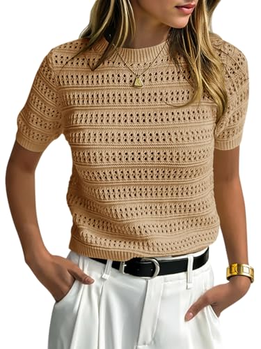 Image of Saodimallsu Womens Short Sleeve Crochet Sweaters Summer Boho Pullover Tops