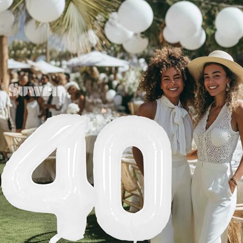 Image of SUWEN 40 Inch White Large 40 Balloon Number Big Foil Helium Numbers 0-9 | Giant Jumbo Happy 40th Birthday Party Decorations for Men or Women Huge Mylar Anniversary Party Supplies