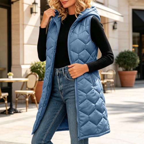 Houjibfa Long Puffer Vest Women Winter Hooded Sleeveless Coat With Pockets - image 3