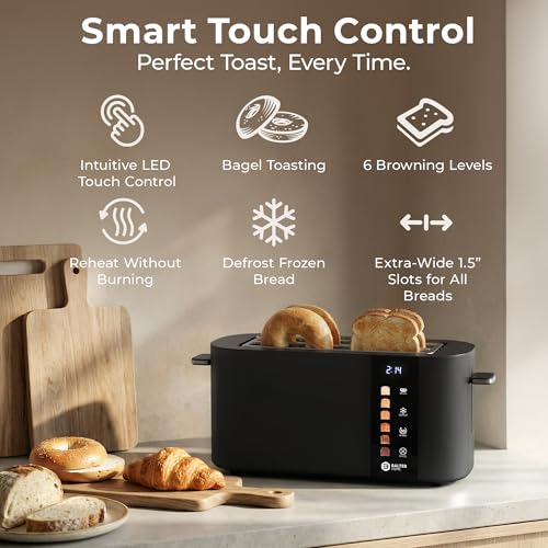Image of Balter Toaster 4 Slice Wide Slot, Bagel Function, Long Slot, Stainless Steel, Touch Screen, Built-in Rack, Extra-Wide 1.5 inch Slots for Thick Breads & Bagel, Timer, BPA-Free, Removable Tray, Black