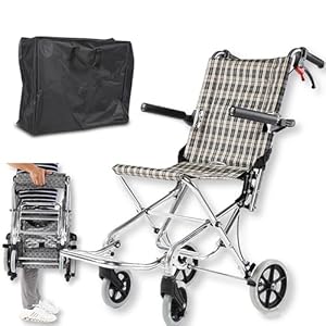 YFJBDKS Ultralight Transport Wheelchair, Compact Wheelchair, Portable Boarding Travelling Wheelchair with Hand Brake, Folding Wheelchairs for Adults,Checkered