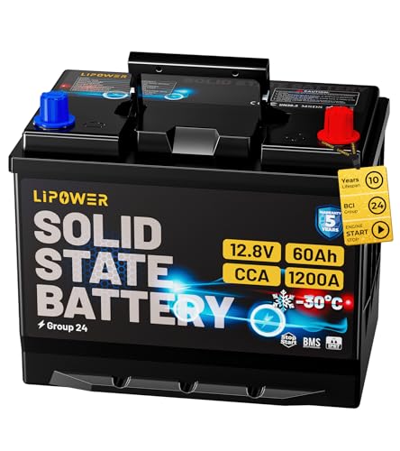 Lipower Group 24 Car Battery 1200A CCA Solid State Start Stop Car Battery -30C Cold Start 12V 60Ah 768Wh AGM Replacement for 10-Years Lifespan Group24F Truck RV & Marine Battery