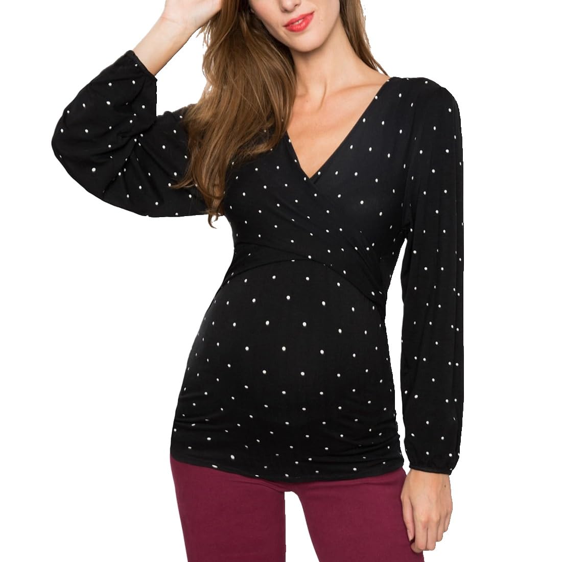 SISAY T-Shirts à Manches Longues Maternité Vetement Femme Enceinte Grossesse Hiver Tee Shirt Allaitement Haut Imprimé Mignon Tunique Portefeuille Col V Blouse Automne Pull Printemps Chic et Elegant
