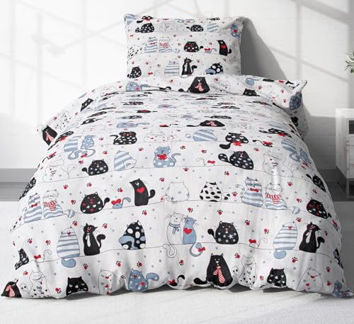2-teilige Renforcé Kinder Bettwäsche 135x200cm und 80x80cm - Katzen, Pfoten, Herzen - 100% Baumwolle, Bettgarnitur (KY-Katzen-Weiß)