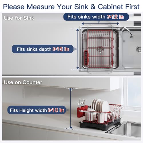 Image of JASIWAY Red Dish Drying Rack in Sink with Drainboard and Utensil Holder