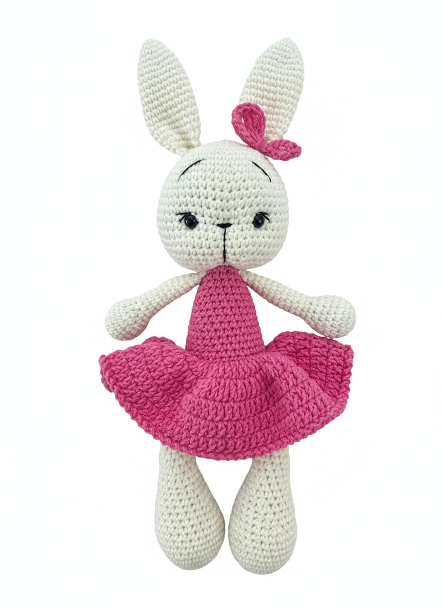 Handmade Bunny Plush – 13.5 inches - Soft Cotton Knit Stuffed Animal – Shower Gift – Nursery Decor – Crochet Toy 1PC (Bright-Pink)
