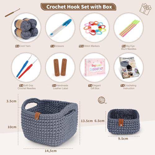 Image of Aeelike 27PCS Crochet Basket Kit for Beginners (L&S), Complete Crocheting Basket for Storage, Knitting Starter Set with Instruction, Beginner Crochet Kit Crocheting Gift for Home Decor