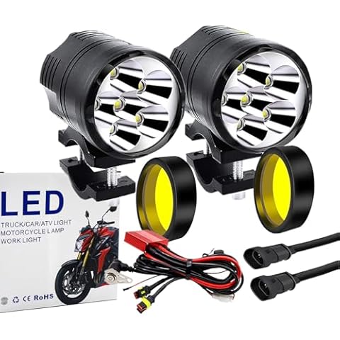 Ourbest Motorcycle Yellow Fog Lights, 12-60V 2.5inch Spotlight For Motorbike Auxiliary Lights White/Yellow/Strobe, Universal Bicycle ATV Offroad Pickup Yellow Driving Lamp Cover