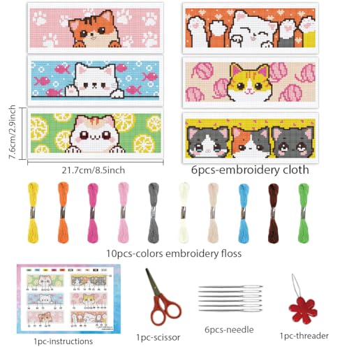 Image of INFUNLY 6pcs Cartoon Cat DIY Cross Stitch Bookmark Kits for Beginner 8.66 inchx3.15 inch Cute Kitten Stamped Embroidery Kit with Instruction Pussycat Printed Bookmark Kits for Cat Lovers Book Readers Writers