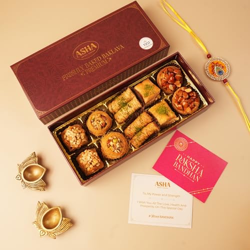 Image of ASHA SWEETS Rakhi Celebration Combo Pack with Baklava (250gm), 1 Handmade Rakhi & Wish Card Set for Gifting to Brother & Sister |Premium Rakhi Festive Gift Box for Family & Friends & Pets