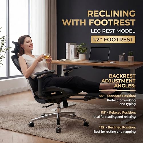 Image of Ergonomic Office Chair with Footrest & Massage Lumbar Support - Adjustable Seat Depth & Back Height Reclining Big and Tall 400LBS Mesh Chair, 4D Headrest & 6D Armrests, for Home Office /Gaming (Black)
