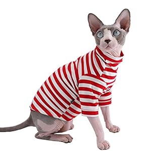 Sphynx Hairless Cat Red Stripe Breathable Summer Cotton T-Shirts Pet Clothes,Round Collar Vest Kitten Shirts Sleeveless, Cats & Small Dogs Apparel (M (4.4-5.5 lbs), Red Stripes)