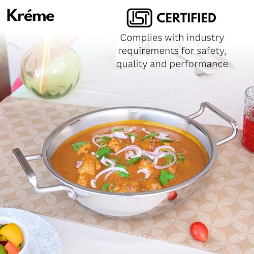 Image of Kreme Platina Triply Stainless Steel Cookware Set 4 Pc - Superior Finish, Cool Grip Handle, Induction Compatible | 100% Non-Toxic, Nickel-Free | Frypan 1.45 L + Kadai 2.2 L & Saucepan 1.2 L with Lids