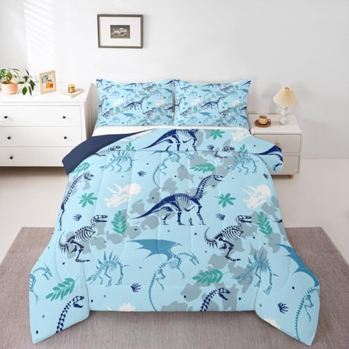 Homewish Juego de funda de edredón con diseño de dinosaurios para cama de matrimonio, animales antiguos, para niños y adolescentes, colorido dinosaurio prehistórico, juego de edredón sin funda de