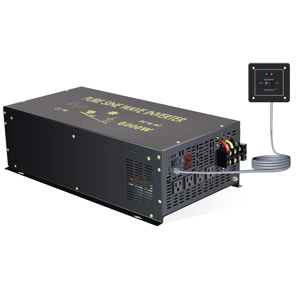 WZRELB 6000W 12V 120V Pure Sine Wave Power Inverter 4 AC Outlets Wired Remote Control,RV, Camping