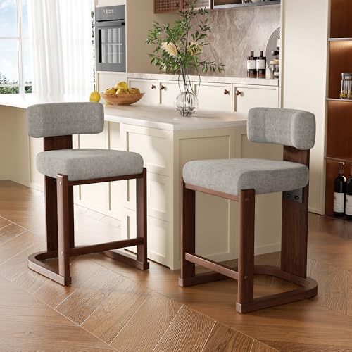 Image of Bar Stools Set of 2, Upholstered Counter Height Bar Stools, Mid Century Modern Counter Stools with Curved Backrest, Solid Wood Legs, 26 inch Bar Chairs for Kitchen Island Bar, Light Grey