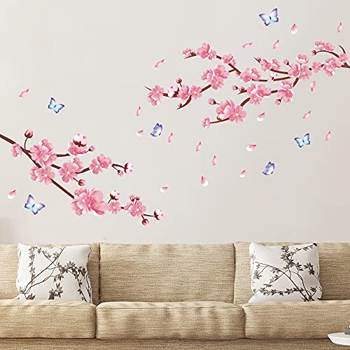 Supzone Cherry Blossom Wall Sticker Japanese Sakura Wall Decal Pink Flower Branch And Butterfly Wall Decor Diy Vinyl Mural Art For Bedroom Living Room Office Sofa Tv Backdrop Wall Decoration #TOP1