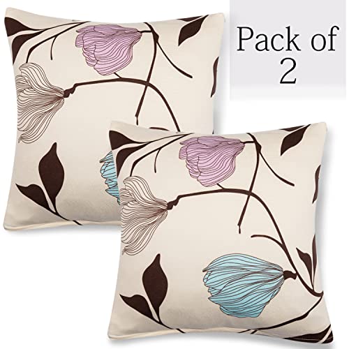 Image of HOKIPO Stretchable Cushion Cover 16 inch x 16 inch, Pack of 2 (NW-4098-D20*2)(95% Polyester, 5% Spandex,Beige Brown Leaves)