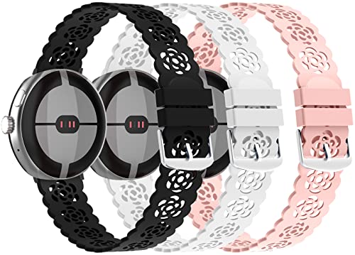 VOMA Lace Silicone Band Compatible with Google Pixel Watch 2 2023/ Pixel Watch 2022, Slim Thin Hollowed-out Sport Band Soft Replacement Strap Wristband for Women, Rose 301