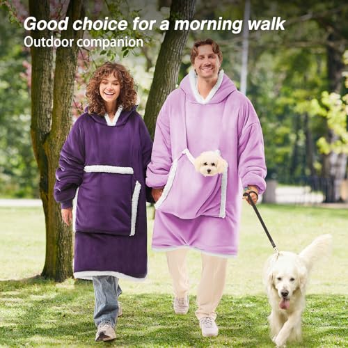 JOYWOO Purple Wearable Blanket Hoodie,Oversized Cat Lovers Sweatshirt Blanket for Adult & Teens,Birthday Gifts for Women Men Mom Girl Boys,Cozy Sherpa Blanket Giant Pocket Gifts,Dark Purple Small