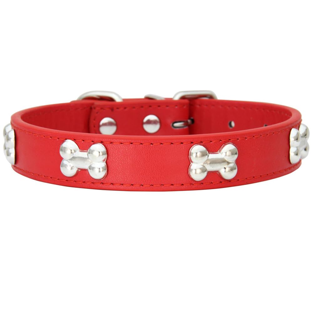 AYGCI Leather Dog Collar for Small Medium Large Dog Adjustable Soft Breathable Leather Metal Bone Studded Padded Puppy Collar Waterproof Dog Pet Collar XS