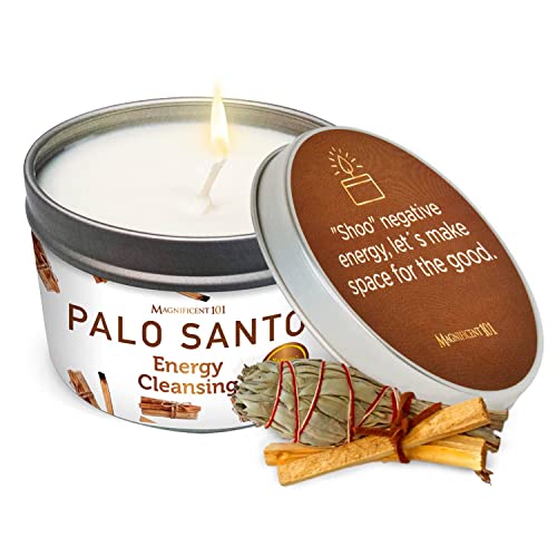 Magnificent 101 Palo Santo Smudge Candle for Home Energy Cleansing and Aromatherapy – 6 oz Natural Soy Wax Tin – 24-Hour Burn Time – Banishes Negative Energy, Chakra Healing, and Manifestation