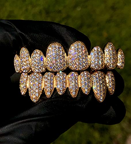 14K Iced 1.2 Ct Cz Set 8 Teeth Joker Gold Grillz For Mouth Top Bottom Hip Hop Teeth Grills For Teeth Mouth Grillz For Mouth Top Bottom Set (Gold) #TOP2