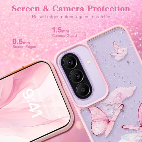 Image of VONZEE for Samsung Galaxy A57 Clear Glitter Butterfly Case, Cute Bling Sparkle Shiny Soft Silicone TPU Bumper Shockproof Women Girls Slim Protective Phone Cover for Samsung Galaxy A57, Pink