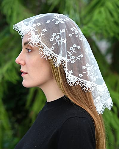 Mantveil 2 Packs Catholic Church Head Covering Floral Lace Mantilla Chapel Cap Veil Round Mass Veil (White+Black)