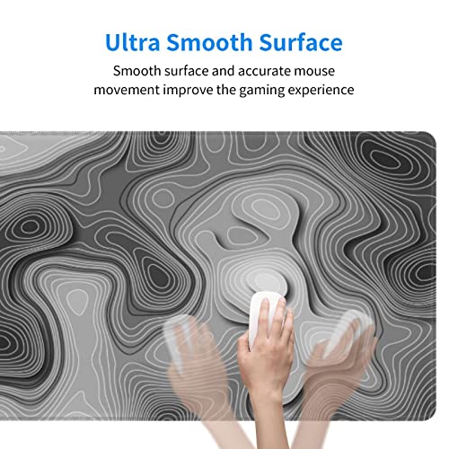 Image of 3D Topographic Map Mouse Pad Grey White Gaming Mouse Pad XL Desk Mat Large Desk Pad Non-Slip Rubber Base Keyboard Mouse Mat with Stitched Edges for Home Office Work
