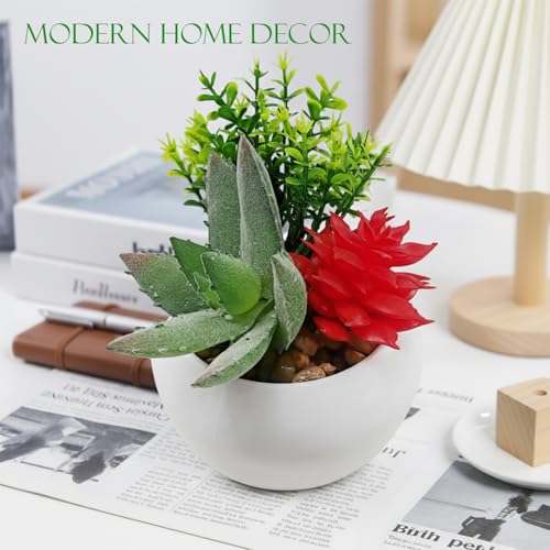 Image of KARP Artificial Potted Plants, Mini 13Cm Height Faux Succulent Flowers with White PVC Pots Home Decor, Indoor Artificial Ornamental Plant for Living Room, Office Desk & Bathroom, Decorative