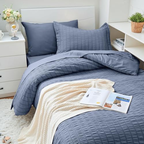 Image of HYMOKEGE Nordic Blue Twin XL Comforter Set Seersucker 5 Pieces, All Season Luxury Bed in a Bag for Bedroom, Bedding Set with Comforter, Sheets, Pillowcase & Sham