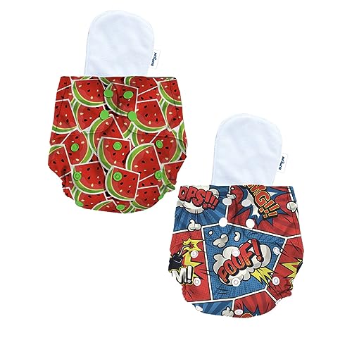 Image of Bumtum Baby Diaper | 0-3 Yrs Baby Freesize | Pack of 2, New Born Baby Diaper, Cloth Diaper, Waterproof Reusable Diaper, 5hrs Absorbency, Washable, Cotton Soaker, Extra Soft (Poof & Watermelon)