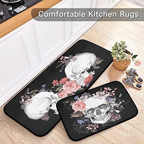 Cataku Halloween Skull Kitchen Rugs Sets Of 2 Non Slip Kitchen Mat Floral Skull Polyester Area Rugs Set Floor Mats Washable Carpet Mat Comfort Standing Mat For Kitchen Laundry Sink Office #TOP4