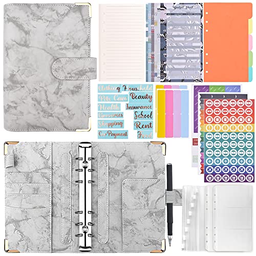 Touchfutrue Budget Planner A6 Budget Binder, Haushaltsbuch Cash Stuffing Sparbuch Mit Folien, Ringbuch Leder Notizbuch Geld Organizer Geld Aufbewahrung ​Sparbuch für Reisen und Tagebuch(Grau) Cover
