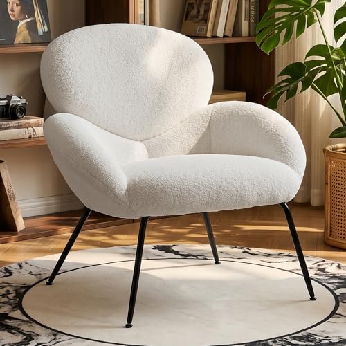 Image of Boucle Accent Chair with Cloud Backrest for Small Space, Beige | Small Reading Chair with Soft Textured Boucle Fabric, Modern Style, Comfy Cloud Backrest for Living Room, Bedroom, Cafe