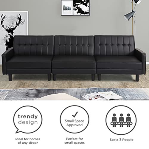 Ipkig 106.9" Futon Sofa Bed, Convertible Sleeper Sofa, 3-Seater Sofa Bed Couch, Faux Leather Split-Back Sofabed For Living Room Home Office Hotel With Adjustable Backrest And Side Pockets (Black) #TOP3