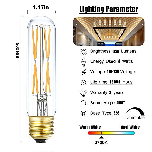 Xininsun T10 Led Bulb, 8W Dimmable Led Tubular Bulbs, 75-100 Watt Equivalent,850Lm, Clear Glass, E26 Base Lamp Bulb, For Cabinet Display Cabinet Etc. (2700K Warm White, 6-Pack) #TOP5