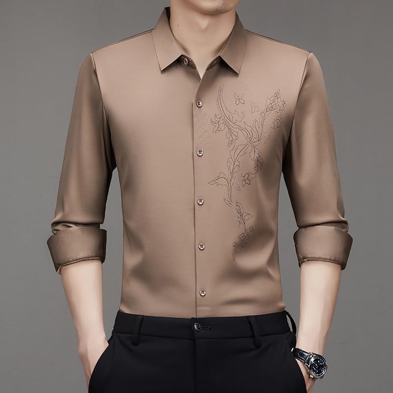Camisa de manga larga para hombre de mediana edad USTZFTBCL casual sin planchado 3