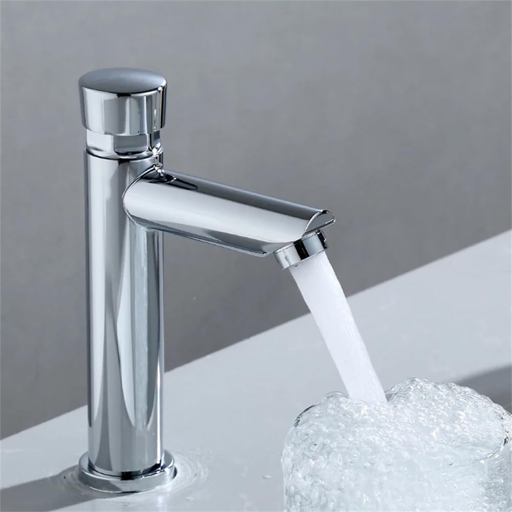 Grifo de Cierre Automático Cromado Ahorro de Agua Grifo de Lavabo de Baño Grifo Frío de Retardo Botón Pulsador Grifo de Lavabo Corto A