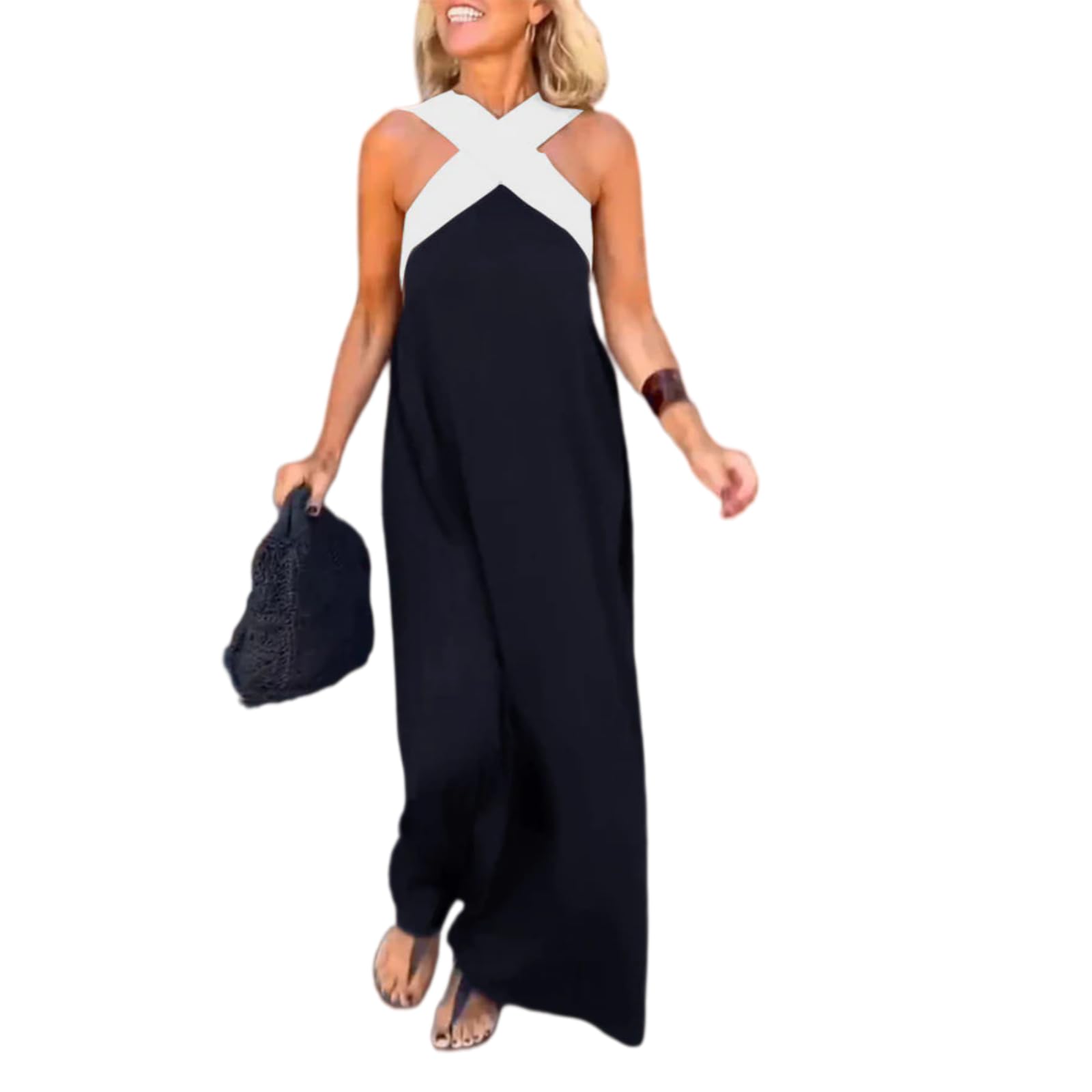 Generico Maxi Abito da Donna in Lino e Cotone con Scollo all'Americana a Contrasto; Abito Lungo in Lino e Cotone, Modello Boho Ampio e Fluido, Senza Maniche, con Incrocio sulla