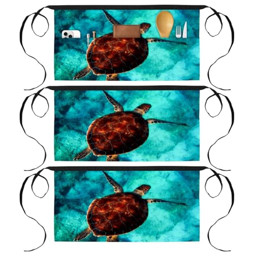 Tablier court de chef lot de 3 avec 3 poches pour cuisine et bistrot motif tortue multicolore