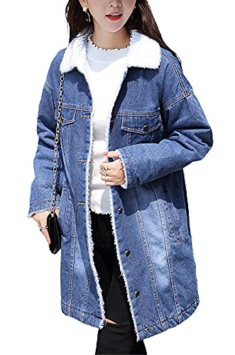 chouyatou Women's Winter Faux Fur Collar Sherpa Lined Long Denim Coat Trucker Jacket3