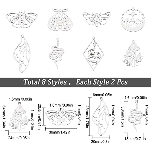 SUNNYCLUE 1 Box 16Pcs 8 Styles Stainless Steel Animal Charms Tarot Style Ladybugs Snake Mushroom Butterfly Wing Charm for Jewellery Making Charms Findings Accessories DIY Necklace Earring Craft Women - Image 2