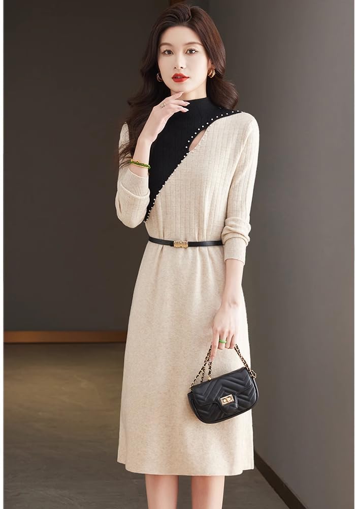 Sweater Dress for Women in Autumn and Winter with Color Stitching Wool Knitted
