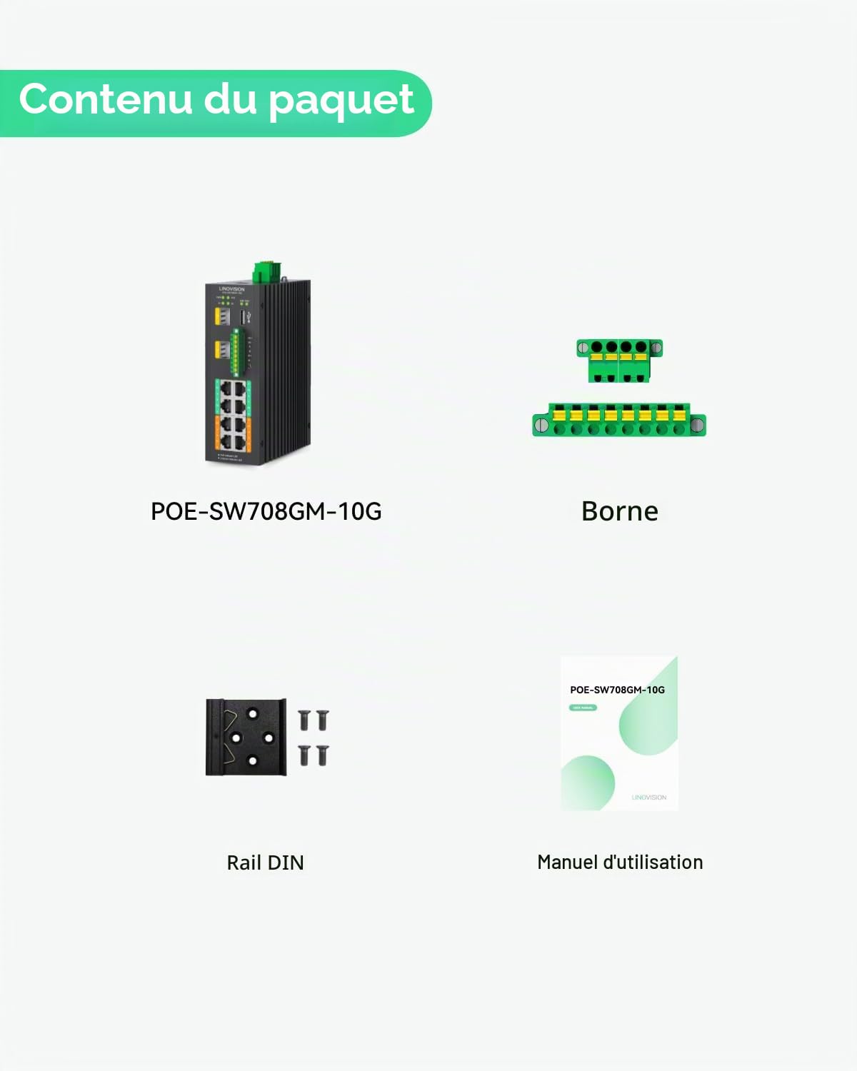 LINOVISION Switch PoE++ Géré Industriel 8 Ports avec 2 Ports Uplink SFP 10G et RS485 pour l'Automatisation Industrielle
